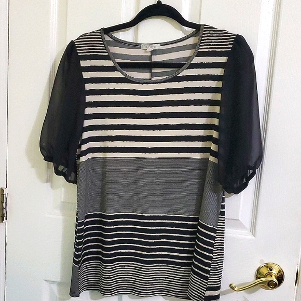 Ava James Black & Tan Striped Chiffon Balloon Sleeves Office Chic Jersey Top M